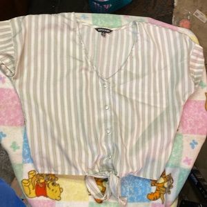 Cream and white short rolled sleeve tied blouse (crop top)